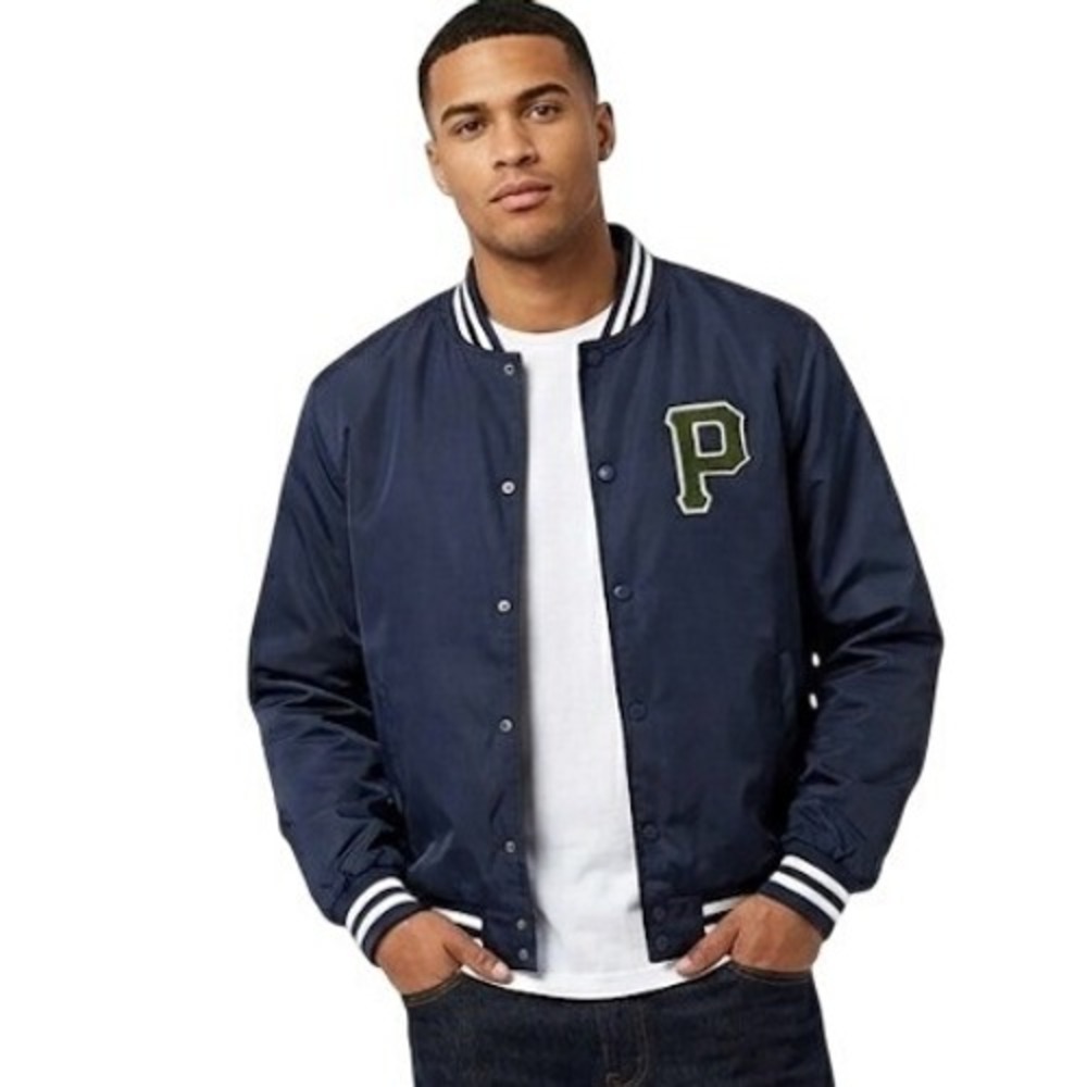 Primitive Skateboarding Large Letterman Jacket Navy Blue P Patch Ribbed Trim Men